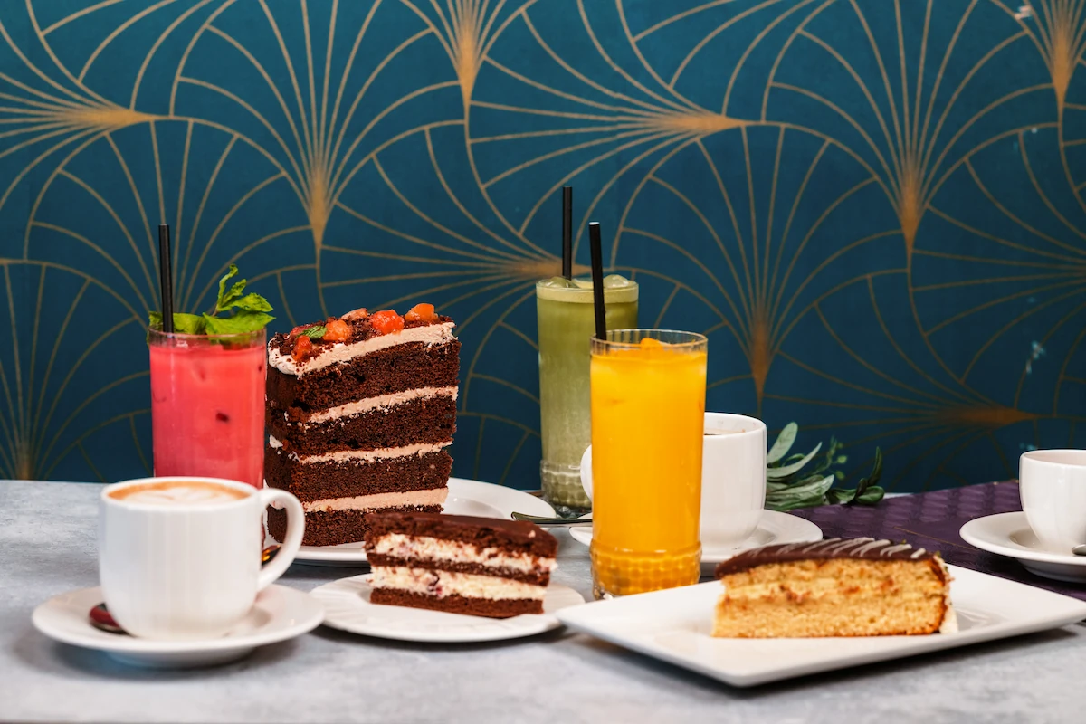 A selection of cakes, coffee and speciality iced drinks