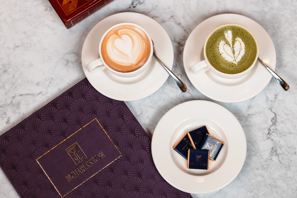 Cup of coffee and cup of matcha